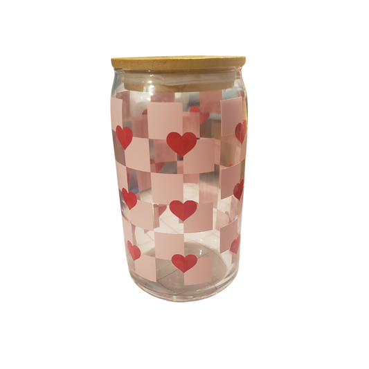 Checkered Heart 16 oz Glass Can